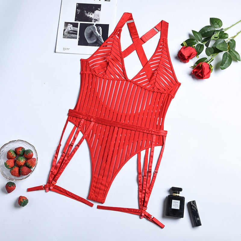 Gestreifter tiefer V-Ausschnitt Body Dessous