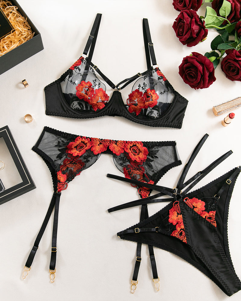 Moly Sexy Besticktes Mesh-Dessous-Set mit Blumenmuster