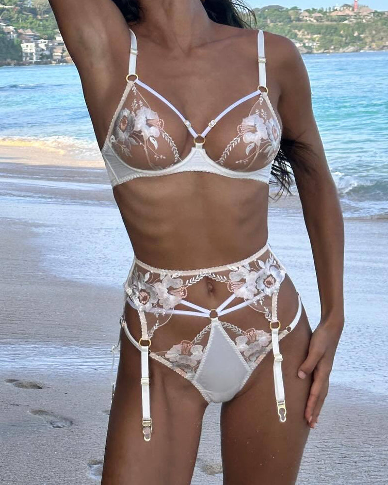 Moly Sexy Besticktes Mesh-Dessous-Set mit Blumenmuster
