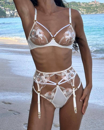 Moly Sexy Besticktes Mesh-Dessous-Set mit Blumenmuster